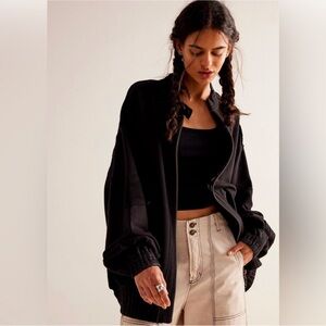 Free People We the Free Lou Moto Zip Jacket Oversized Sweatshirt Black Large L